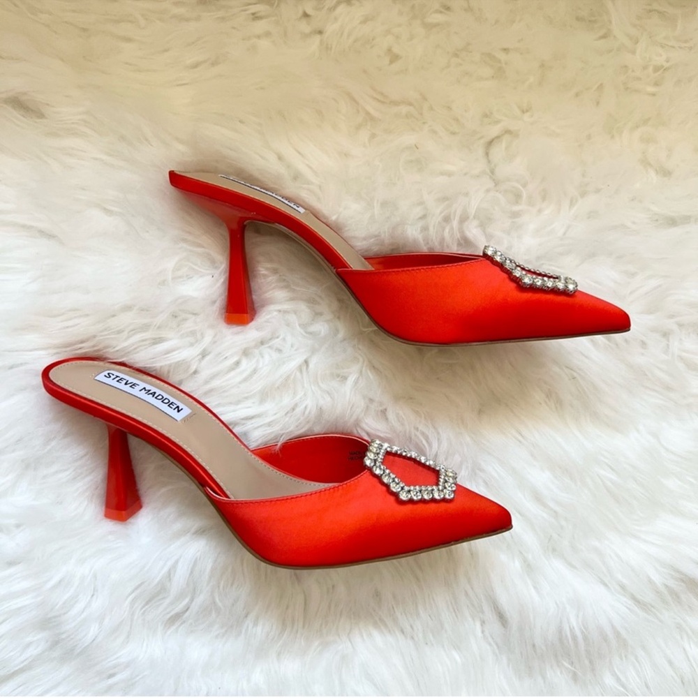 New! Steve Madden Luxe City Rhinestone Satin Mules Slides Heels - Picture 10 of 13